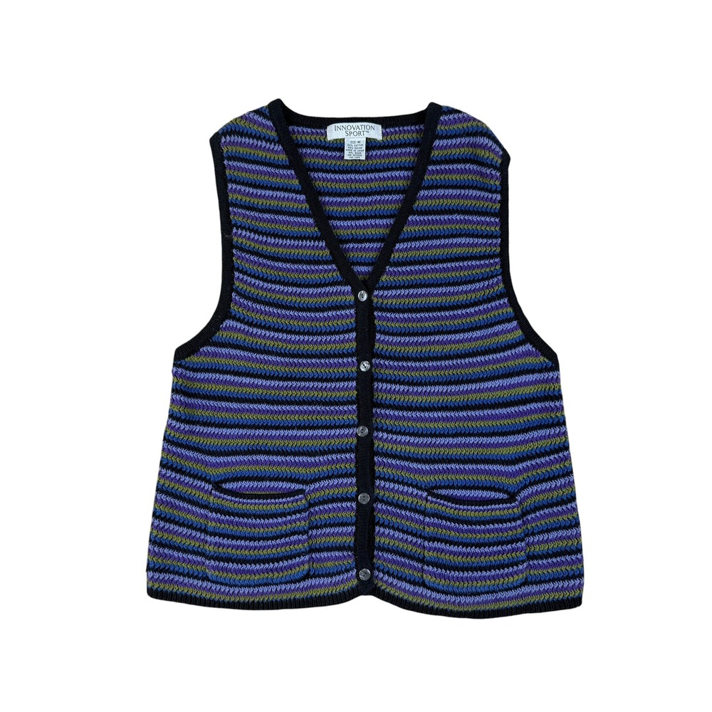 Innovation Sport Medium Knit Vest Striped Cotton Rayon Button Front Pockets